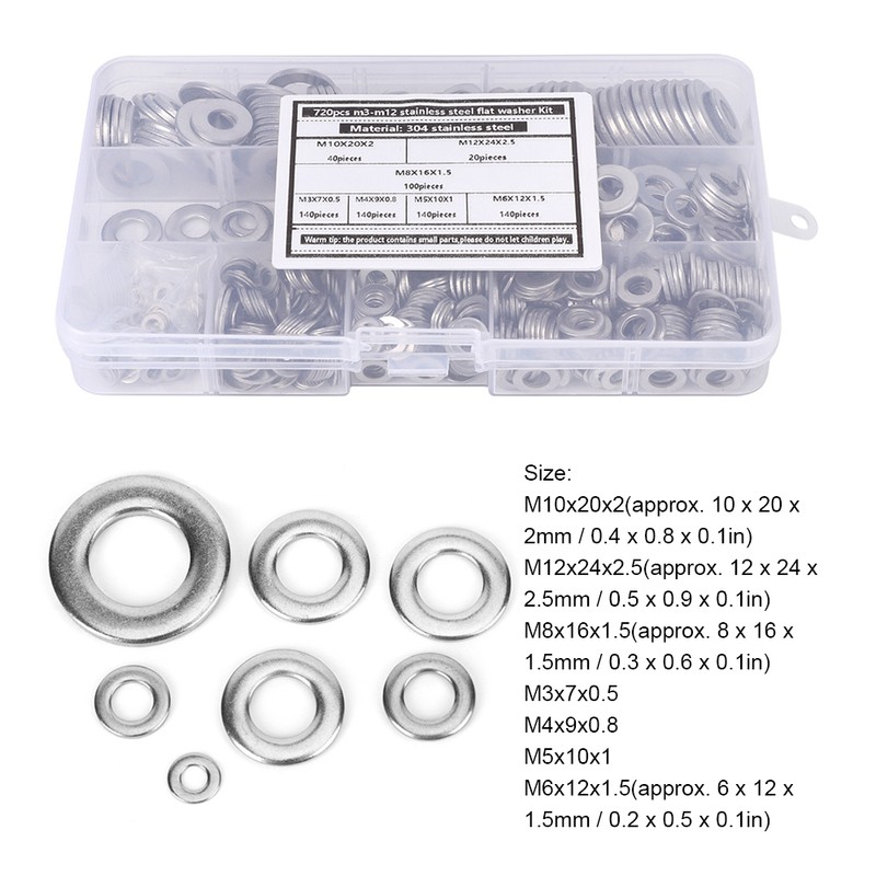 720Pcs Flat Washer Kit 304 Stainless Steel Silver Spring Gasket