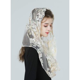 BEAUTELICATE Lace Mantilla Scarf Veil Tulle Stole Golden Champagne For Women Church Fair Chapel Catholic Bride V116, Mixed colour floral embroidery - infinite shape