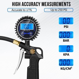 DigitPro Digital Tire Pressure Gauge with Inflator, 3-250 PSI Air Compressor Accessories with Air Chuck Quick Connect Coupler, Car Attachments with Rubber Hose for Car, Truck, SUV, Cycle, RV