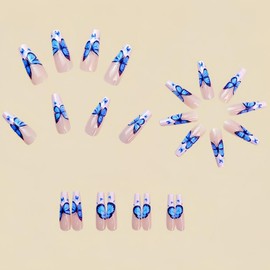 Butterfly Press on Nails Long Square False Nails with White French Tips Design Nude Pink Fake Nails Glossy Cute Summer Stick on Nails Full Cover Spring Glue on Nails for Women Girls Manicure 24Pcs