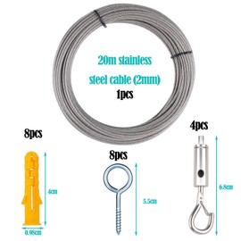Wire Rope Trellis Set 20 m Stainless Steel Wire Rope with Length Adjustable Hook Coated 2 mm PVC Coated 7 x 7 Stainless Steel Rope as Washing Line Climbing Plant Rope Curtain Rope Shower Curtain Rope