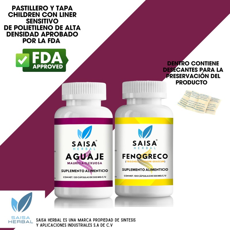 Fenogreco 100 cápsulas Aguaje 120 cápsulas, 100% puros SAISA HERBAL.