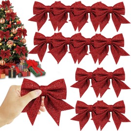 BGTLJKD Pack of 12 Christmas Bows Glitter Bows Christmas Tree Bow Decorative Bow for Gifts Christmas Tree Decoration for Home Festival Party Tree Wreath Decorations (Red)