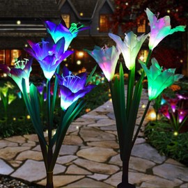 Outdoor Solar Lights – Decorative LED Flowers – Pack of 2 Solar Lilies Patio Décor – Purple & White Solar Powered Garden Decoration Lights -Backyard Lighting – Waterproof Lily Flower (Lily Flower)