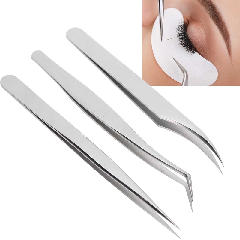 3Pcs Eyelash Extension Tweezers Set Silver Mirror Light DolphinShaped Easy