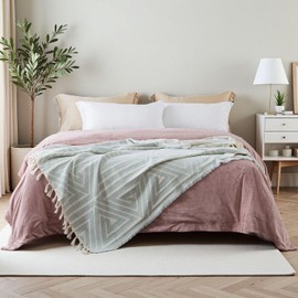 DOWN HOME Throw Blanket for Couch, Chenille Cotton Lightweight Blanket for Bed Sofa Chair Living Room Outdoor Soft Cozy Home Decorative Blanket with Tassel Gift Green Geo Pattern 55"x60"