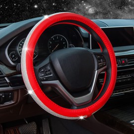 New Diamond Leather Steering Wheel Cover with Bling Bling Crystal Rhinestones, Universal Fit 15 Inch Car Wheel Protector for Women Girls Red