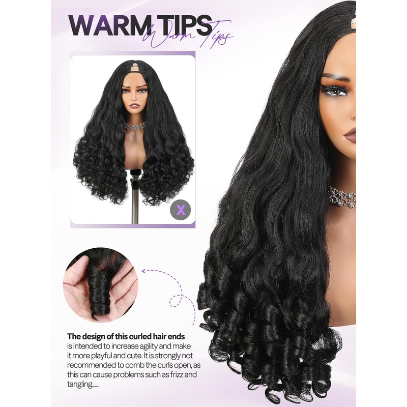 Yaki Curly V Part Wigs Black Loose Wave Wig with