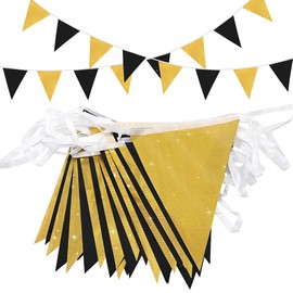 Topeedy 20M Black and Gold Bunting Banner Party Decoration,52pcs Reusable Black Pennant for Birthday Weeding Party Baby Shower Home or Garden Triangle Flags