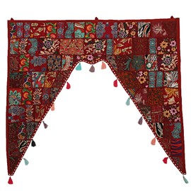 Stylo Culture Decorative Cotton Swag Curtain Large Door Valance For Bedroom Maroon Vintage Embroidered Patch Work Floral Scarf Curtain Topper Living Room Window Hanging Toran Gate | 45 x 41 Inches