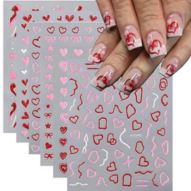 Valentines Nail Stickers 6 Sheets Heart Nail Decals Stickers for Nails Art Design with Bow Stars Glitter Self-Adhesive Stickers DIY Nail Art Decoration Valentine's Day Nail Art Supplies