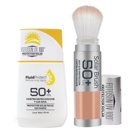 Fotosun UV 100 Fluid Protect Protector Solar Facial Fotoprotector Luz Azul 50+ FPS UVA UVB Consistencia Liquida Rápida Absorción Alta Protección Resistente al Agua Uso Diario (KIT: FLUID + SOLAR BRUSH)