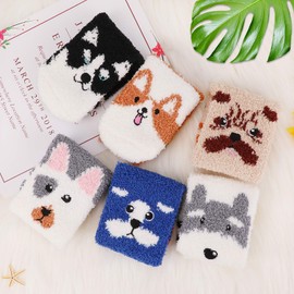 QKURT 6 pair Dog Fluffy Socks, Winter Warm Cozy Sleep Socks Cute Animals Funny Floor Socks, Super Soft Home Socks Bed Socks for Women Men and Girls