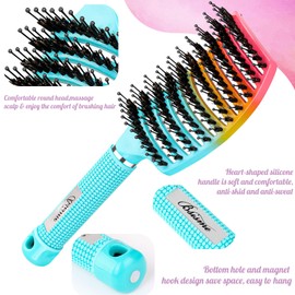 Bsisme 2Pcs Boar Bristle Hair brush for Women, Men and Kids, Detangling Curved Vent Brush for Long Thick Thin Curly Wet or Dry Hair, Styling Tool (Green&Blue)