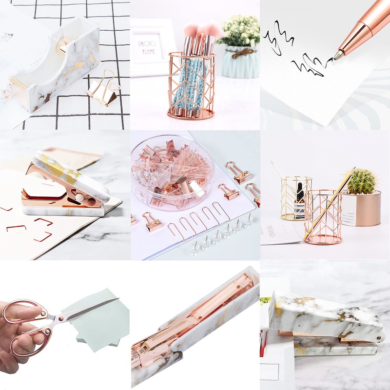 Rose Gold Marble Desk Accessories, Office Supplies Set Stapler Staple