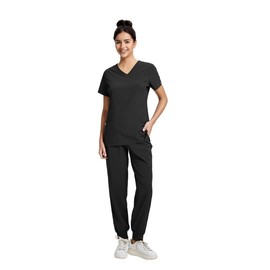 Leaddol Scrubs for Women Set, V-Neck Scrubs Top & Jogger Pants Medical Scrubs Set with 11 Pockets, Yoga Waistband