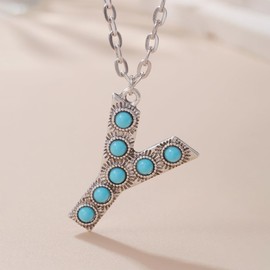 tenghong2021 Bohemian Western Turquoise Initial Necklace 26 Letters Initial Necklacet for Women Gifts Retro Blue Bead A-Z Necklace Link Jewelry for Mom Daughter Birthday Jewelry Gift, Gemstone, No Gemstone
