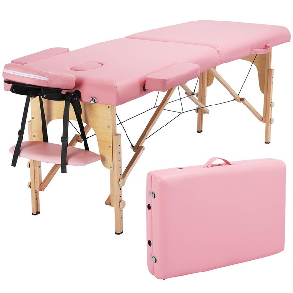 Topeakmart Portable Massage Table Massage Bed Spa Bed Therapy Table Collapsable Treatment Table Height Adjustable Salon Bed 84 Inch 2 Fold, Pink