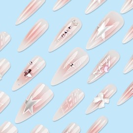 BABALAL Stiletto Press on Nails Long Fake Nails Pink Glue on Nails with Star Bow Heart Charm Design Y2k Acrylic Nails Sliver Chrome False Nails 24Pcs Ombre Almond Stick on Nails
