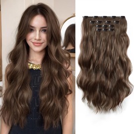 XIXISNOW Long Hair Clip in Extensions 4PCS Seamless Clip Ins Wavy Easy Hair Extensions Clip in Charming Wave Synthetic Hair for women Full Head Breathable and Soft 22 Inch Medium Brown