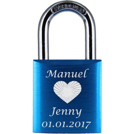 ♥ Love Goals Engraved Love Padlock with Engraving | Individual | Ideal Gift for Lovers & Couples | High-Quality Gift Packaging | Lock with 2 Keys | Anodised | M018. Green, Blue, Red & Purple, blue