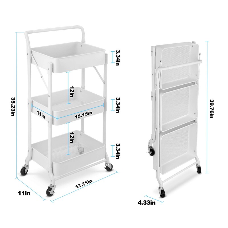 johgee Foldable 3 Tier Metal Utility Rolling Cart, Folding Mobile