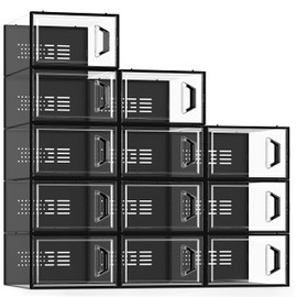 SEE SPRING Large 12 Pack Shoe Storage Box, Shoe Organizer for Closet, Clear Plastic Stackable Shoe Boxes, Space Saving Foldable Sneaker Shoe Rack Containers Bin Holder (Black)
