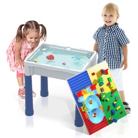 PicassoTiles Kids Activity Center Play Table & Study Desk Set Sandbox Water Tight Container Storage All-in-1 STEM Toy Kit Playset with 330pc Dual Size Building Bricks Construction Blocks Marble Run