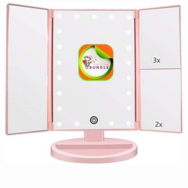 CreateAndBundle Tri-fold Lighted Vanity Makeup Mirror with 3x/2x Magnification, 21 LED Lights and Touch Screen, 180 Degrees Free Rotation Countertop Cosmetic Mirror, Travel (Pink)