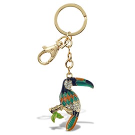 Aqua79 Toucan Keychain - Brown Sparkling Rhinestones Charm, Fashionable Stylish Polyester PU Wild Life Gold Key Ring Bling Jewelry Accessory with Clasp For Key Chain, Bag, Purse and Backpack