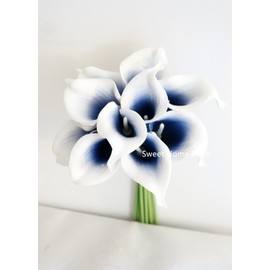 Sweet Home Deco Latex Real Touch 15" Artificial Calla Lily 10 Stems Flower Bouquet for Home/Wedding (Navy Blue Picasso)