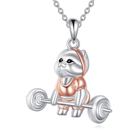 VONALA Cat 925 Sterling Silver Necklace Weightlifting Kitten Funny Sports Animal Pendant Jewelry Gify for Women Christmas Birthday