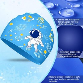 Gorros de Natación, 2 Piezas Gorros de Piscina Divertida Silicona Niños 4-12 años, Gorros de Baño Impermeable y Antideslizante