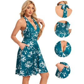 CVCPP Women's Sexy Floral Print Sundress Halter V Neck Tie Back Sleeveless Ruffle Mini Short Summer Beach Dresses Cd02-05-L