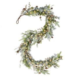 WBHome 6ft Pre-lit Mixed Snowy Norway Spruce & Pine Branch with Shimmy Berries Mantle Prelit Christmas Garland, Winter Flocked Garland for Christmas Holiday Seasonal Indoor/Outdoor Home Decor Mantle