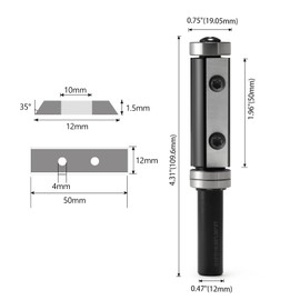 Trvoxviq Reversible Plates Flush Cutter 12 mm Shank, Flush Cutter Router with 2 Cutting Surfaces, Interchangeable Carbide, D = 19 mm, NL = 50 mm Top Bottom Bearing, Flush Trimming Router Bits for Edge