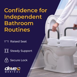 Drive Medical 2-in-1 Raised Toilet Seat with Removable Padded Arms - Elevated Bathroom Safety Support - Secure Locking Attachment - Easy Height Assistance - Durable Plastic Construction