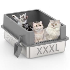 【No Sifting】 Tiuubt XXXL Stainless Steel Litter Box for Cats, 28''x20''x12'' Extra Large Metal Litter Box with High Sided Lid, for Big Cats, Multi-Cat Household, Non-Sticky & Easy to Clean