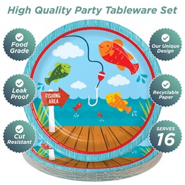 Camping and Fishing Party Supplies - Fisherman Round Paper Dessert Plates for 16 Guests