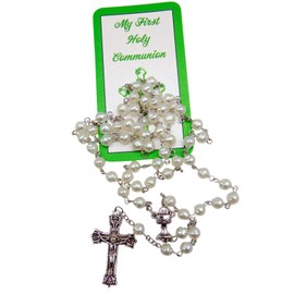 Westmon Works Girl's First Communion Rosary Irish Set with Iridescent Beads Metal Celtic Crucifix and Holy Card