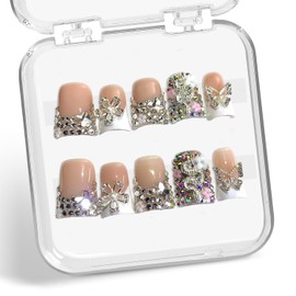 Flower Press on Nails Short Duck False Nails 3D Luxury Handmade Fake Nail with Rhinestone Butterfly Design Full Cover Thicked Acrylic Nail White French Tip Stick on Nails for Women (Size M)