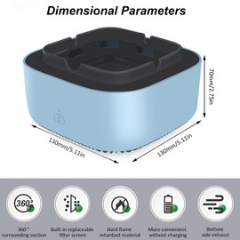Smart Filter Ashtray, Smokeless Ashtray for Home with 2 Replacement Filter Mats, 360 Degree Surround Suction with Negative Ions, Auto-Off Timer Function for Home/Office/Car