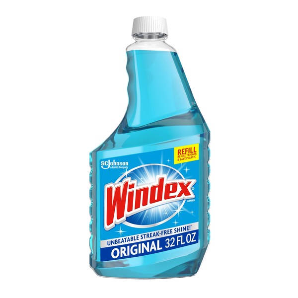 Windex Glass Cleaner Spray, Original Blue Window Cleaner Works on Smudges and Fingerprints, Bottle Made from 100% Recovered Coastal Plastic, 32 Fl Oz