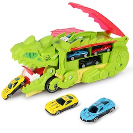 Fullware Toy Cars Light Green, Dinosaur Toy with 6 Random Alloy Cars, Transformable Dino Swallowing Car, Race Track Mode, Baby Gift Boy 4 5 6 7 8 9 10 Years