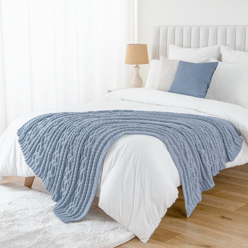 Battilo Bluish Grey Throw Blanket for Couch, Woven Chenille Blue