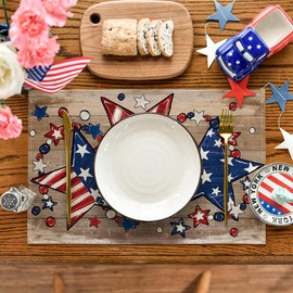 Artoid Mode Wood America Beads Stars Patriotic 4th of July Placemats Set of 4, 12x18 Inch Memorial Day Table Mats for Party Kitchen Dining Decoration