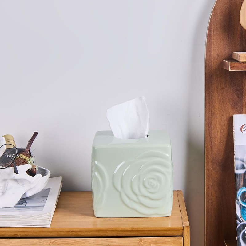 Light Green Ceramic Cube Tissue Box Cover with Rose –