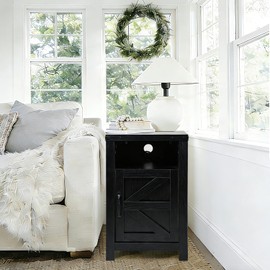 Stabrech Grey Farmhouse Nightstand Set of 2, End Tables Set with Charging Station, Night Stand with Door and Storage Shelf, Sofa Side Table Living Room, Bedside Table for Bedroom