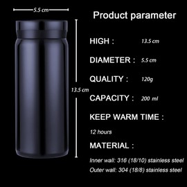Small Flask, Cute Water Bottle, Vacuum Insulated Flask for Hot & Cold Drink, Keep 12H Hot & 6H Cold (Blue, 200ml)