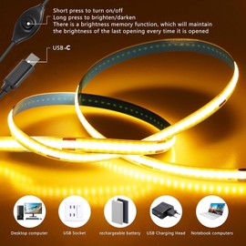 USB Type-C Powered 2M/6.56Ft 5V COB LED Strip Light with Dimmer of Memory Function,Pure White 6000K,640LEDs,Flexible Tape Light for TV Monitor Backlight,Mirror,Cabinet,Wardrobe,Cupboard DIY Lighting